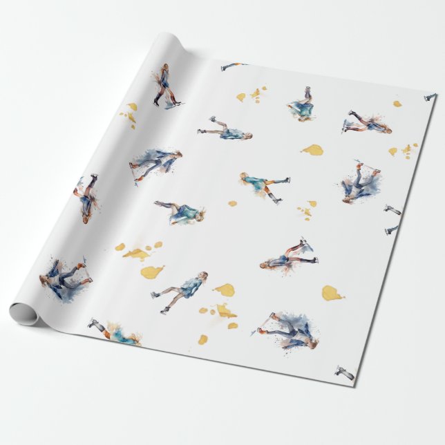 Papier Cadeau Filles Patinage sur glace, Hockey Motif d'or bleu (Déroulé)