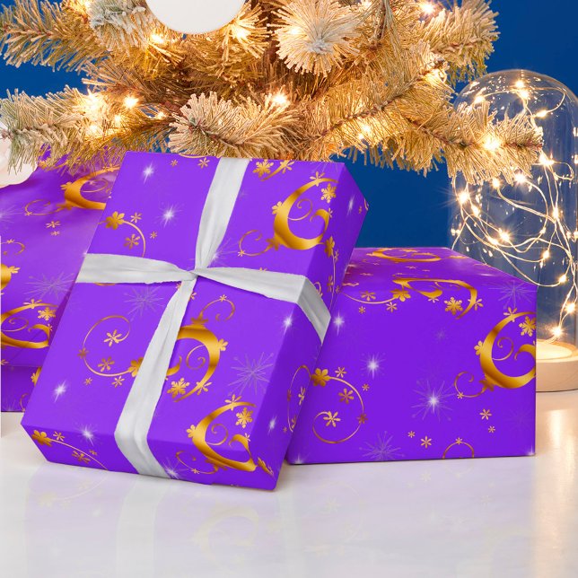 Papier Cadeau Fils d'or et étoiles Violet Noël (Créateur téléchargé)