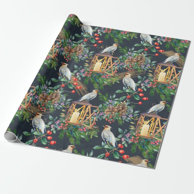 Papier Cadeau Finlandais d'oiseaux, verdure de Noël, baies rouge (Déroulé)