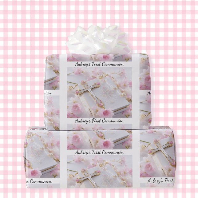Papier Cadeau First Communion Rose Girl's Ajouter Nom Blanc (Créateur téléchargé)