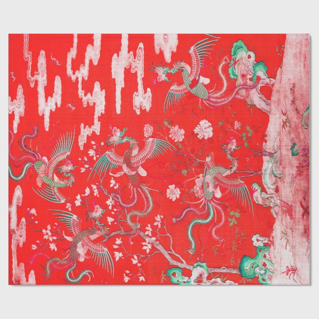 Papier Cadeau Five Phoenixes in Garden Chinese Red Floral  (Plat)