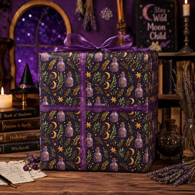 Papier Cadeau Flacon de Potion Sorcière Croissant de Lune Violet (Créateur téléchargé)