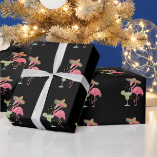 Papier Cadeau Flamant qui boit une Margarita Drôle de Poncho Mex