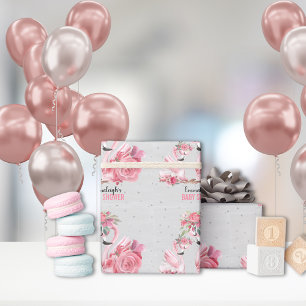 Papier Cadeau Flamant rose Aquarelle Argent Baby shower Ballerin