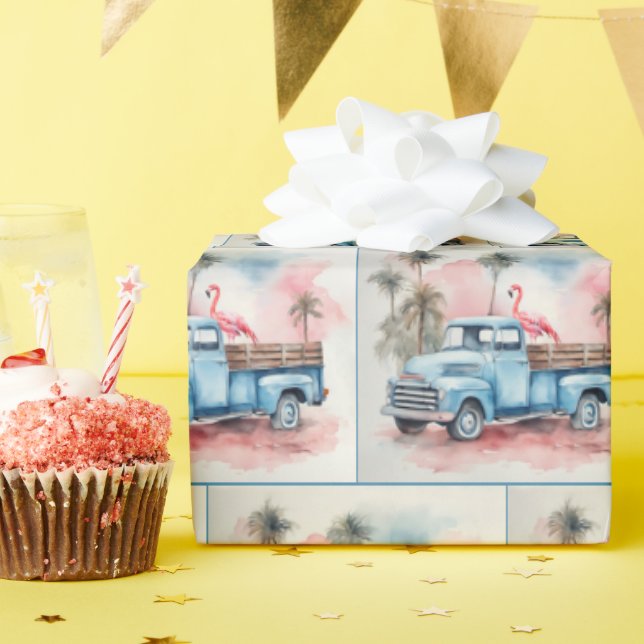 Papier Cadeau Flamant rose Aquarelle En Camion Blue Retro (Fête d'anniversaire)