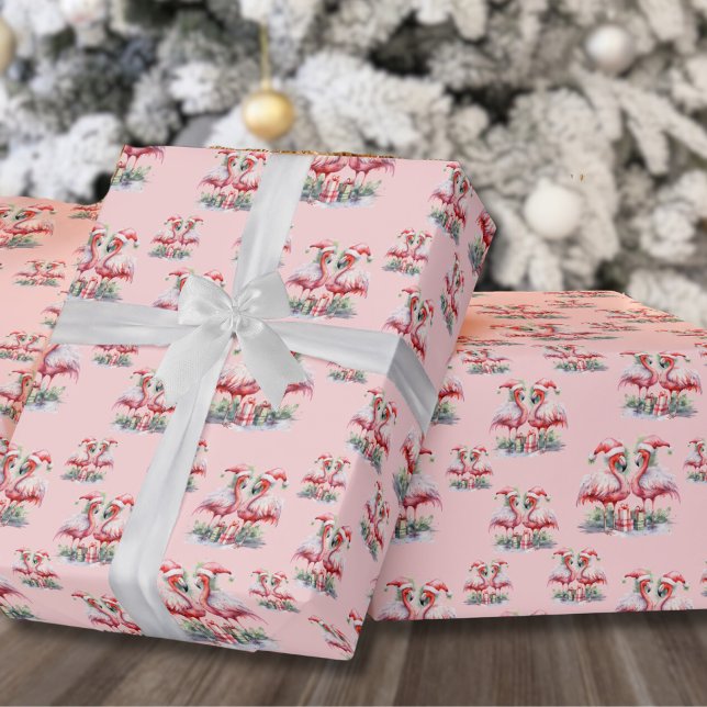 Papier Cadeau Flamant rose Beach Noël (Festive Flamingo Beach Pink Christmas Wrapping Paper )