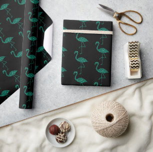 Papier Cadeau Flamant rose brillant motif émeraude pailleté noir