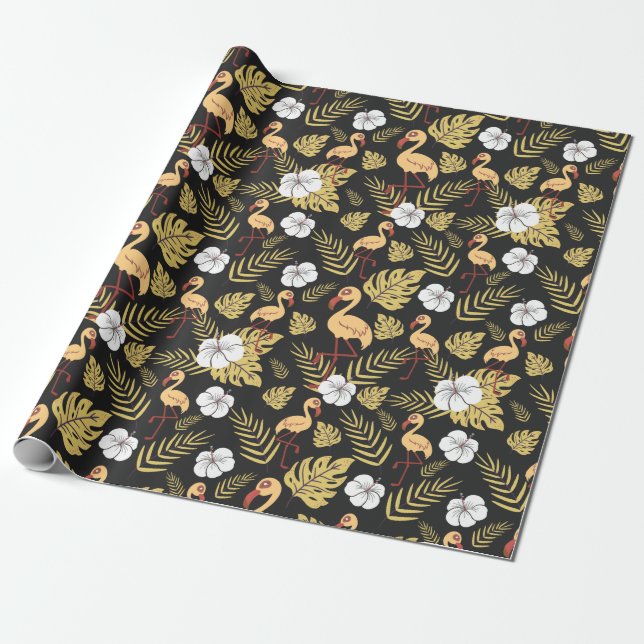 Papier Cadeau Flamant rose continu motif fleurs jaune et blanc (Déroulé)