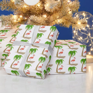 Papier Cadeau Flamant rose de Noël et palmier