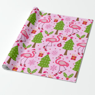 Papier Cadeau Flamant rose de Noël tropical avec Pine Tree sur r