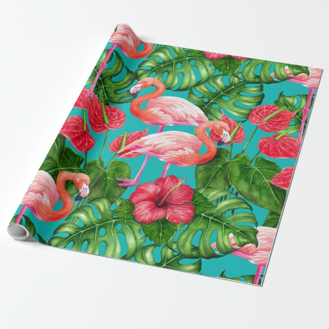 Papier Cadeau Flamant rose et aquarelle du jardin tropical (Déroulé)