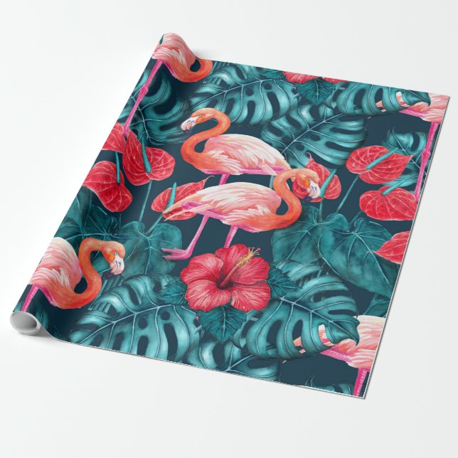 Papier Cadeau Flamant rose et aquarelle du jardin tropical (Déroulé)