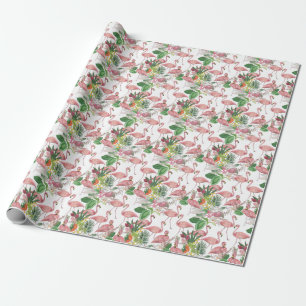 Papier Cadeau Flamant rose Feuilles tropicaux Motif aquarelle