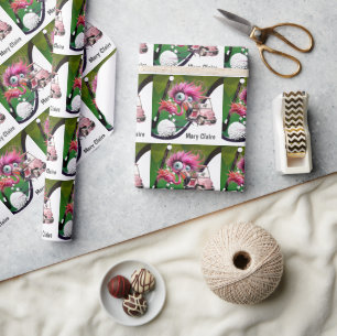 Papier Cadeau Flamant rose Golfeur avec voiturette de golf sur r