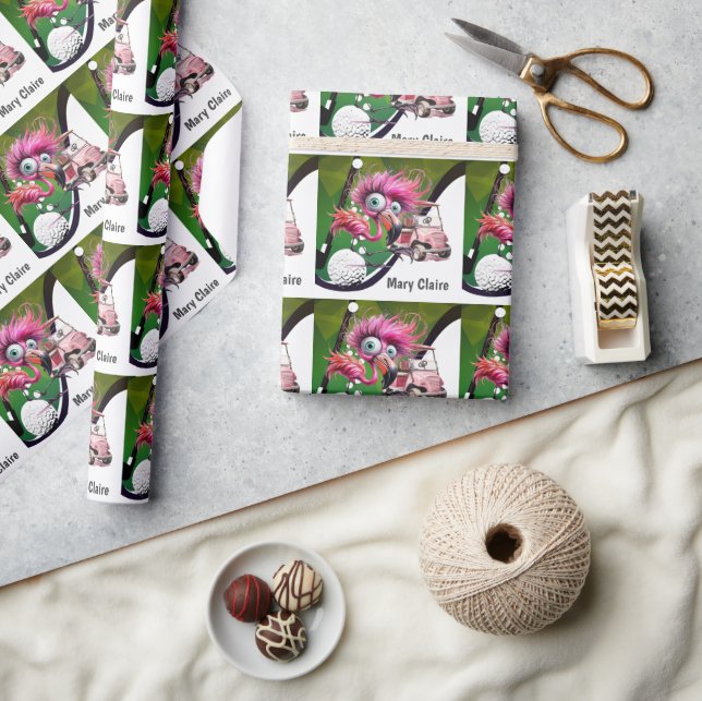 Papier Cadeau Flamant rose Golfeur avec voiturette de golf sur r (Artisanat)
