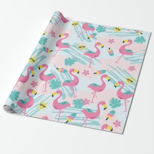 Papier Cadeau Flamant Rose Mignon Drôle Vert Menthe Motif Tropic