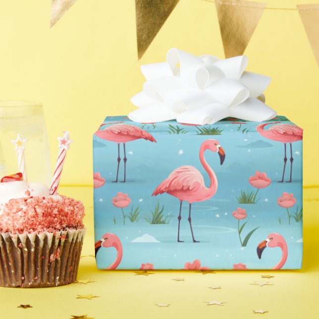Papier Cadeau Flamant rose Motif d'eau bleu (Fête d'anniversaire)
