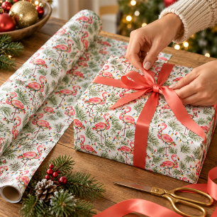 Papier Cadeau Flamant Rose Noël Tropical Aquarelle Palmiers