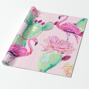 Papier Cadeau Flamant rose, oiseaux exotiques, fleurs douces, ro