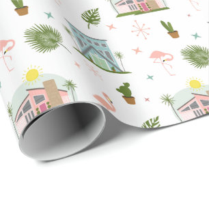 Papier Cadeau Flamant rose Palm Springs Cactus Motif du milieu d