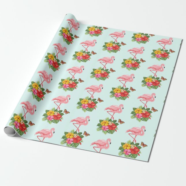 Papier Cadeau Flamant rose rose & Hibiscus Tropical Fancy Motif (Déroulé)