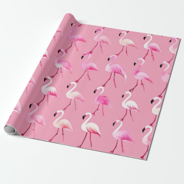 Papier Cadeau Flamant rose rose paradis : Motif aquarelle (Déroulé)
