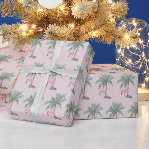 Papier Cadeau Flamant rose rose Santa Hat avec Palm Tree & Lig