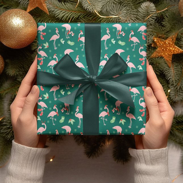 Papier Cadeau Flamant rose rose Vert Noël Motif de vacances (Créateur téléchargé)