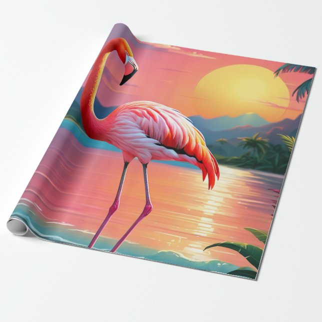 Papier Cadeau Flamant rose Sunset Tropical Beach (Déroulé)