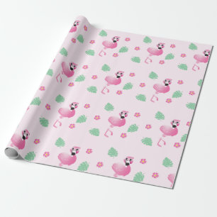 Papier Cadeau Flamant rose Tropical Feuilles Fleurs Motif Rose c