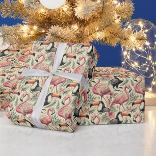 Papier Cadeau Flamant rose vintage et Toucan sans couture