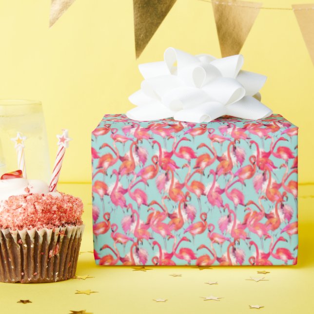 Papier Cadeau Flamants roses aquarelle rassemblés (Fête d'anniversaire)