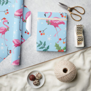 Papier Cadeau Flamants roses de Noël et houx sur fond bleu