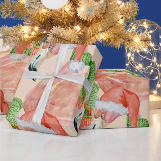 Papier Cadeau Flamants roses de Noël tropicaux Chapeau de Père N