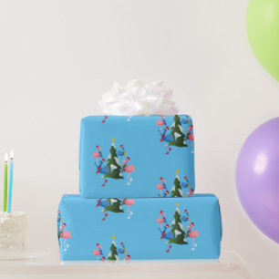 Papier Cadeau Flamants roses de patinage sur glace avec chapeaux