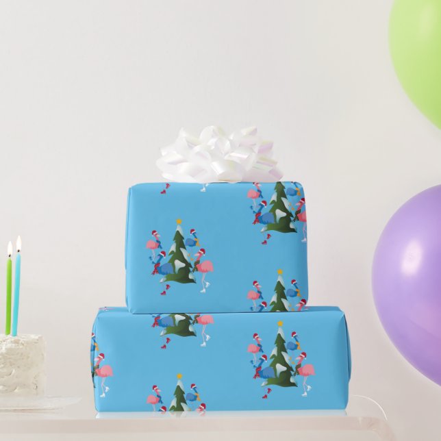 Papier Cadeau Flamants roses de patinage sur glace avec chapeaux (Cadeaux de fête)