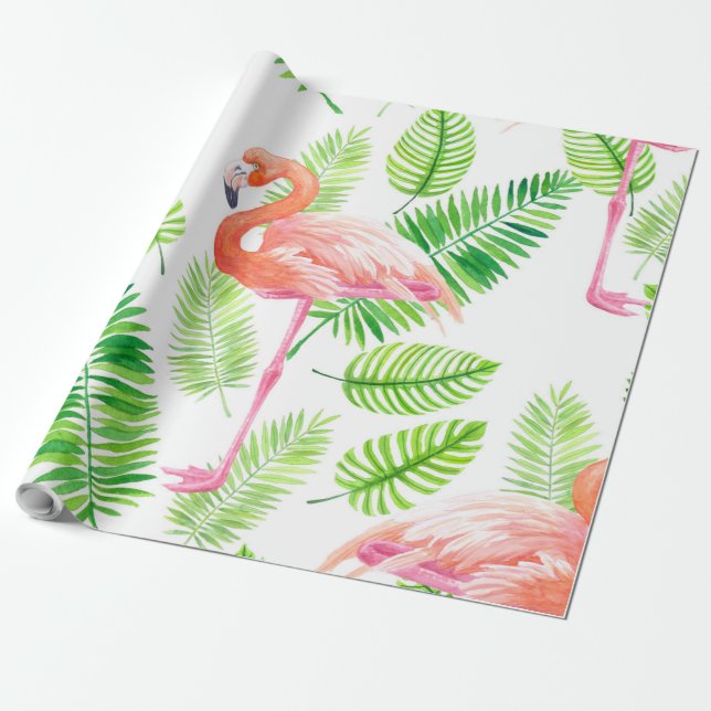 Papier Cadeau Flamants roses et feuilles tropicaux (Déroulé)