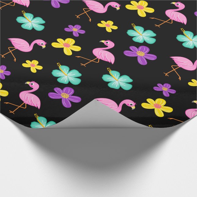 Papier Cadeau Flamants roses et fleurs roses mignons Noir (Coin)