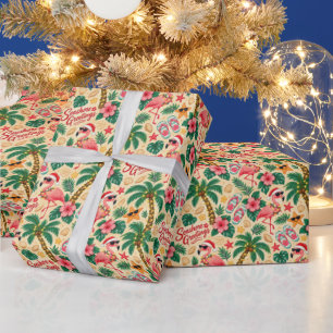 Papier Cadeau Flamants roses et palmiers de Noël tropicaux