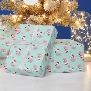 Papier Cadeau Flamants roses festifs de Noël avec chapeaux de Pè