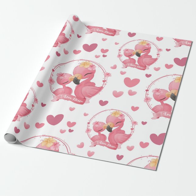Papier Cadeau Flamants roses mignons J'aime maman (Déroulé)
