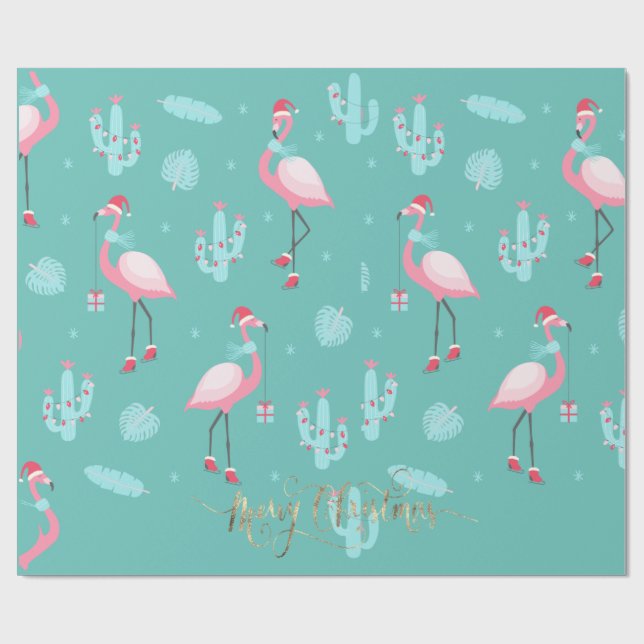 Papier Cadeau Flamants roses Santa Hat présente des flocons de n (Plat)