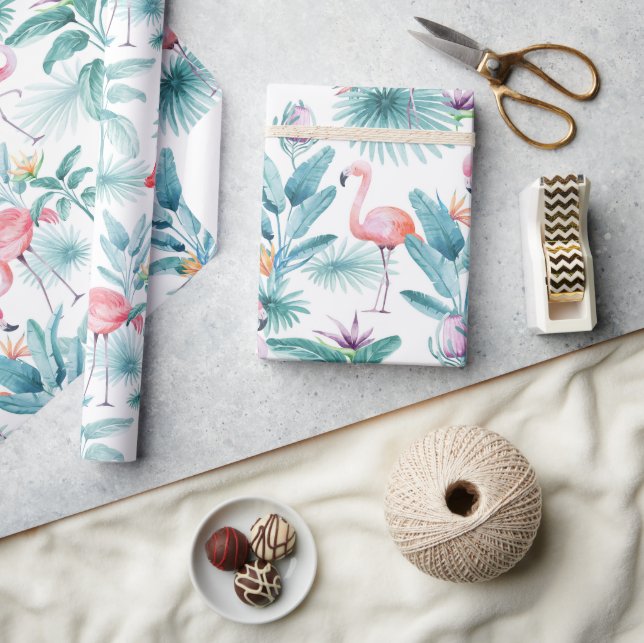 Papier Cadeau Flamants roses tropicaux feuille motif (Artisanat)