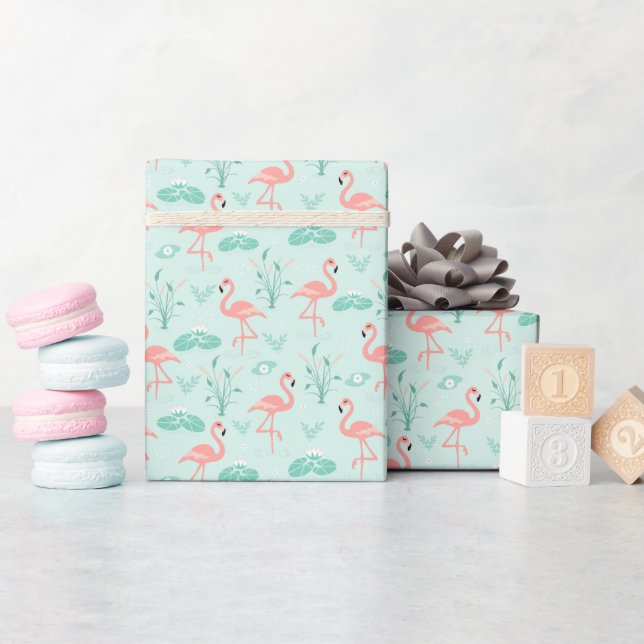 Papier Cadeau Flamants Roses Verts Oiseaux Tropicaux (Baby Shower)