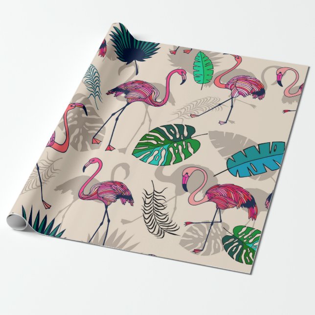 Papier Cadeau flamigos roses et feuilles tropicaux sans couture  (Déroulé)