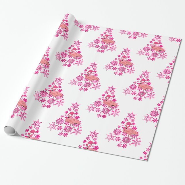 Papier Cadeau Flamingo rose Santa Flocon de neige Arbre de Noël (Déroulé)