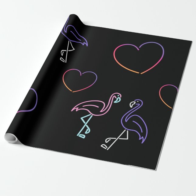 Papier Cadeau Flamingo Rose Violet Néon et Cœurs  (Déroulé)