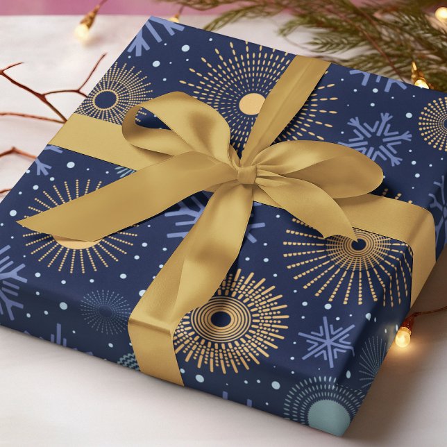 Papier Cadeau Flammes de neige Blue Gold moderne Noël (Créateur téléchargé)