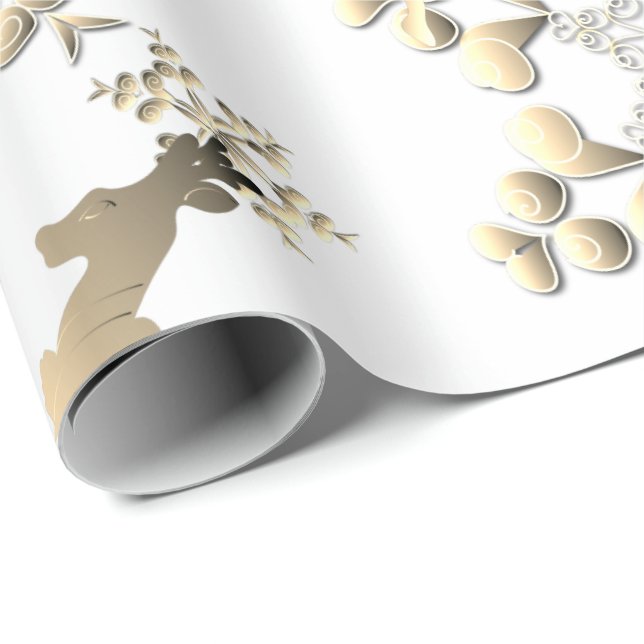 Papier Cadeau Flammes de neige Bronzy Reindeen sur blanc (Coin rond)