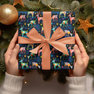 Papier Cadeau Flammes de neige colorées Cerf-Noël Arbre Forêt Ét